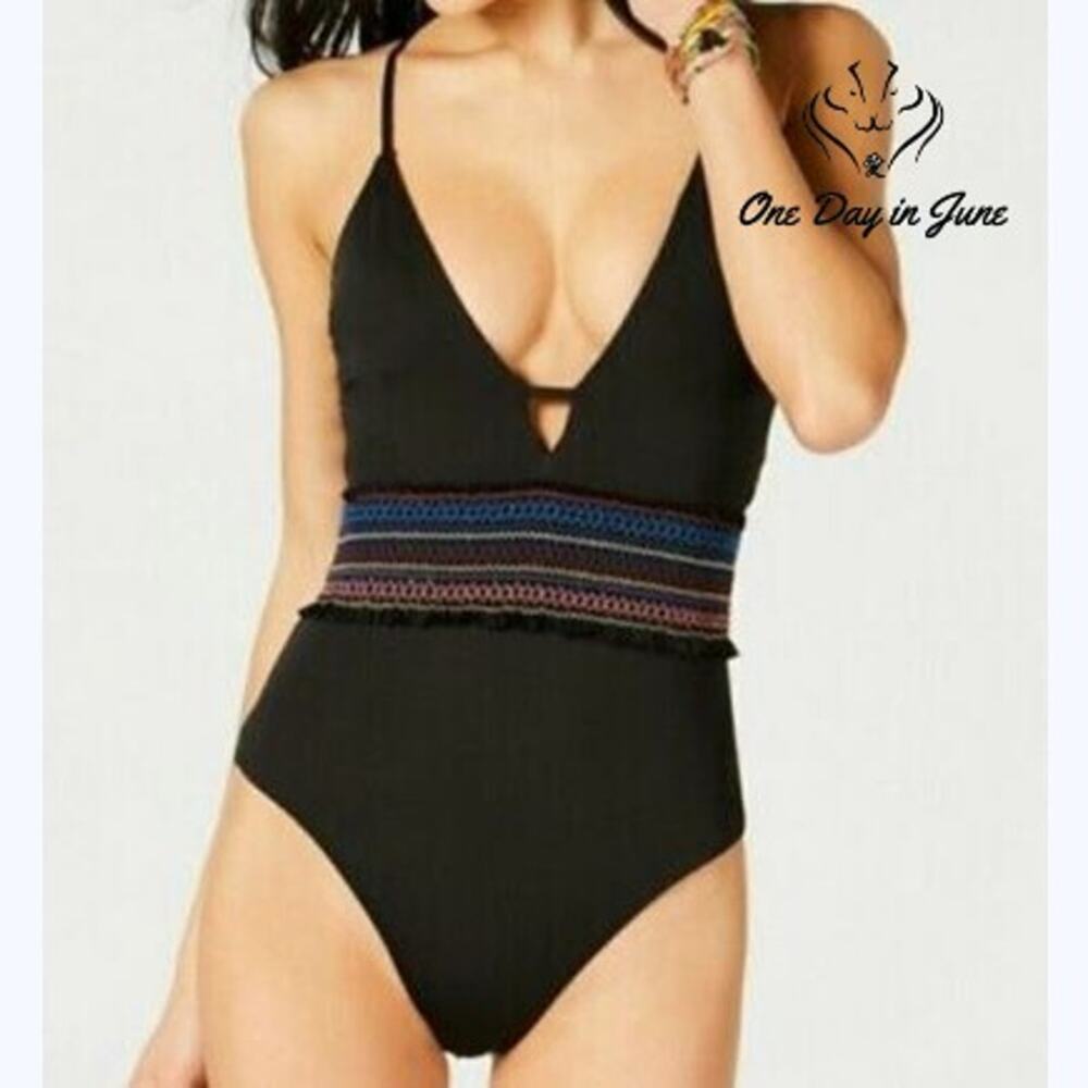 Bar III Smocking Solids Plunging V One Piece Swimsuit Black NWT Size XS